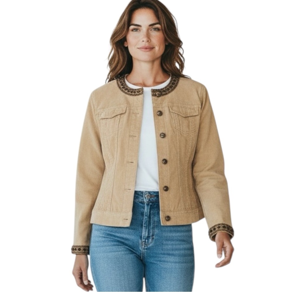 ELIE TAHARI Cotton Leather Blingy Trim Jacket in Cream Size Small — GORGEOUS!!! - Picture 2 of 11